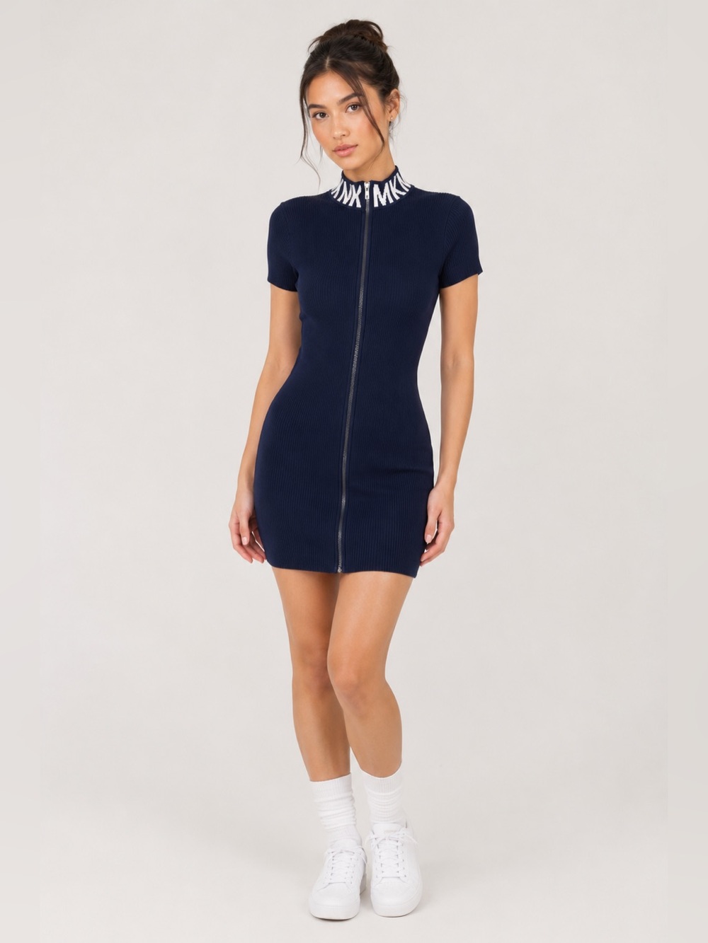 NWT Michael Kors Ribbed Zip Front Sweater Dress Navy White Logo Collar Small